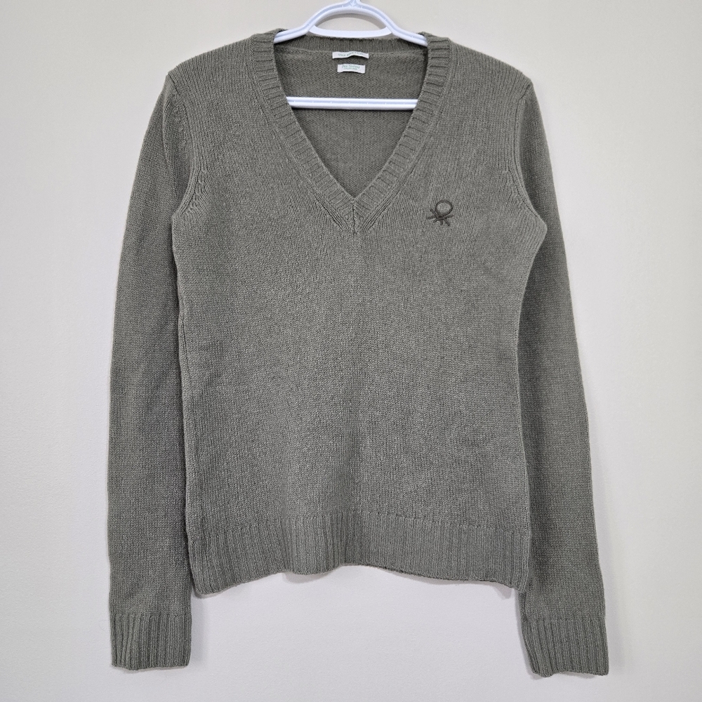 United Colors Of Benetton Pure Shetland Wool V-neck Womens Sweater Top Olive M
